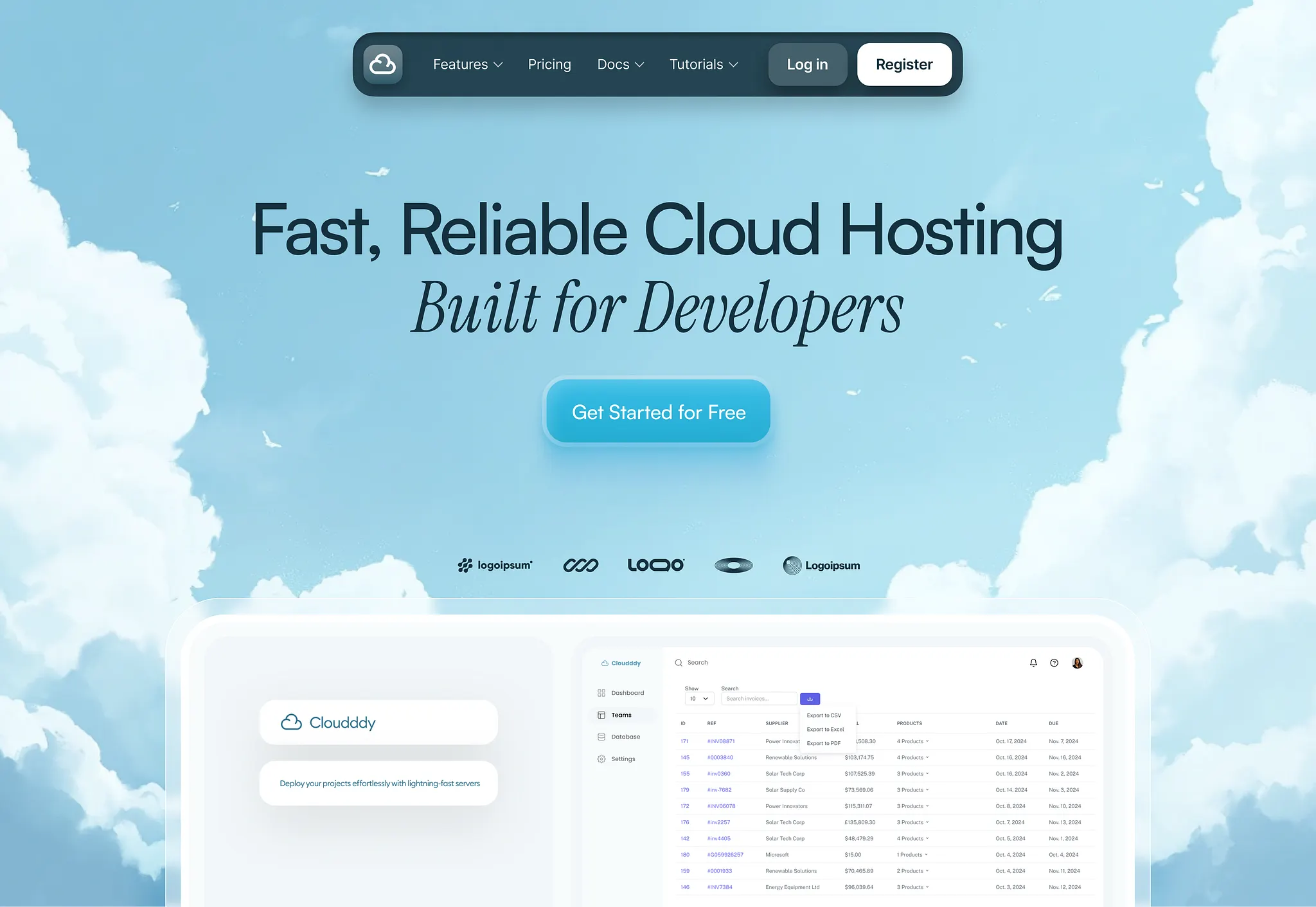 Cloudy cloud hosting landing page UI