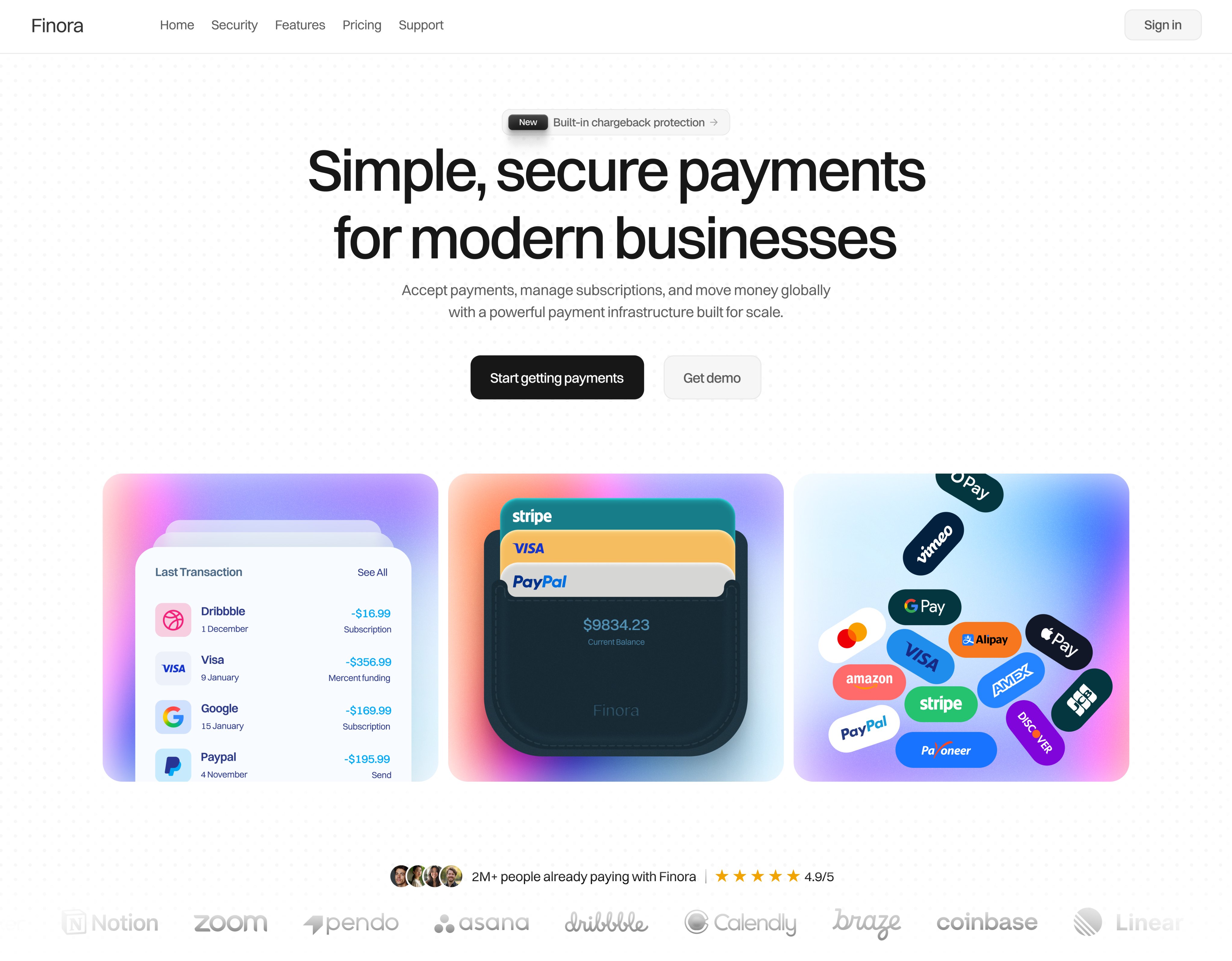 Finora payments landing page UI