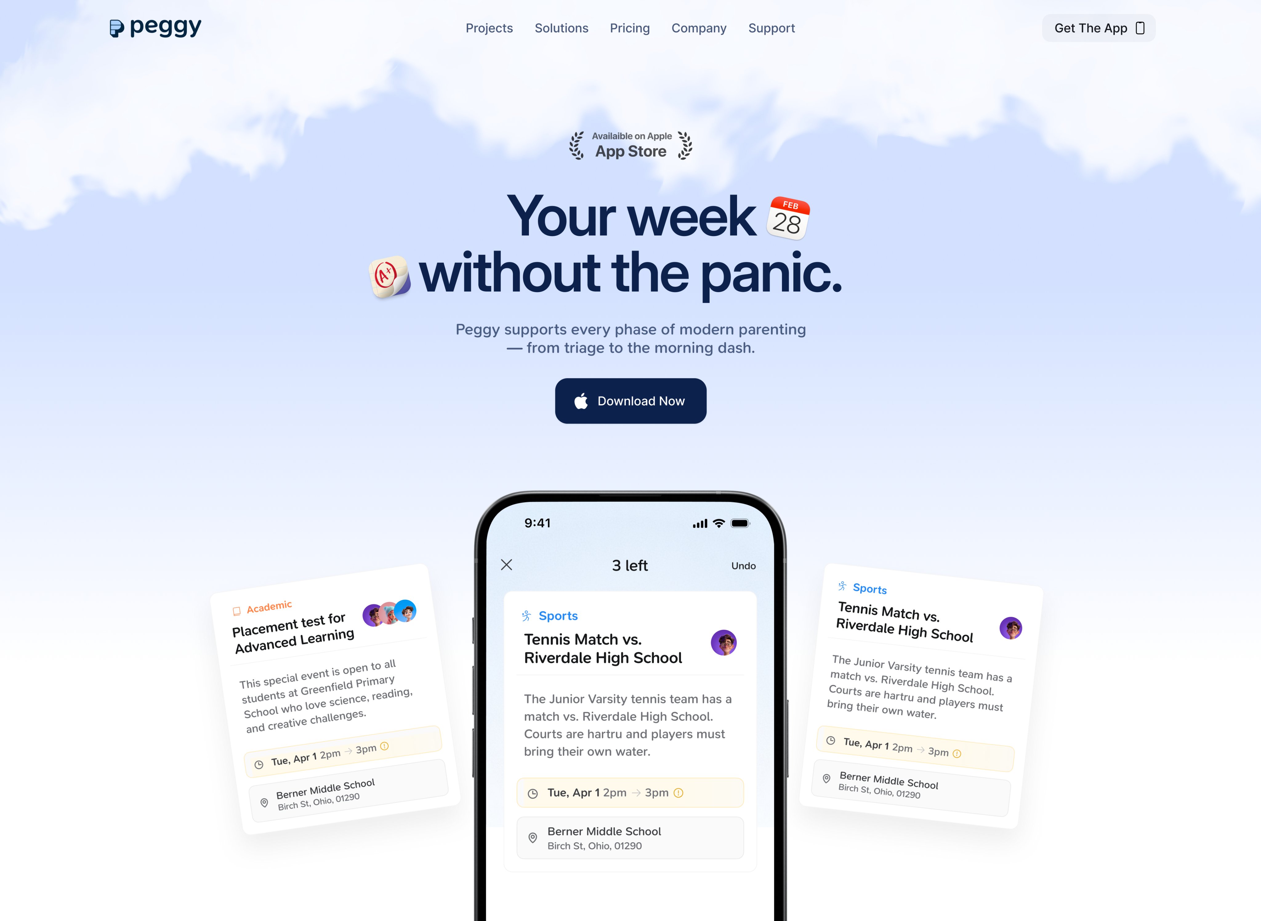 Peggy family scheduling app landing page UI