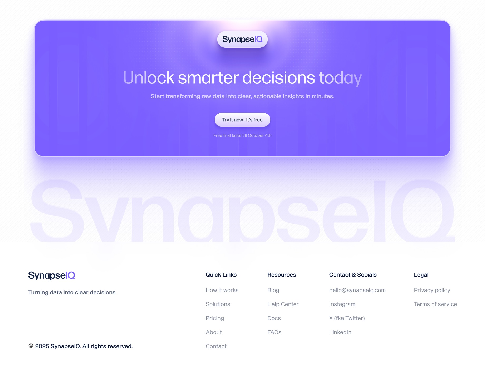 SynapseIQ AI analytics landing page UI