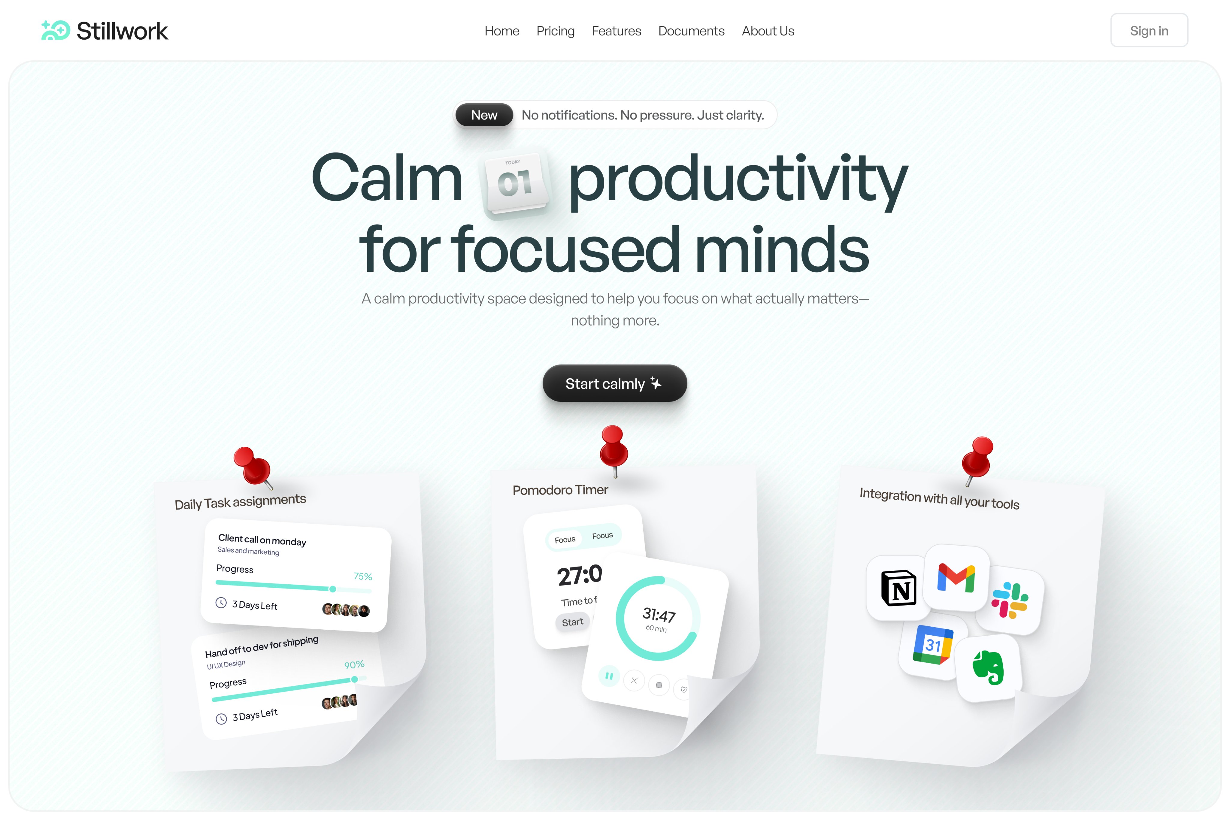 Stillwork productivity landing page UI