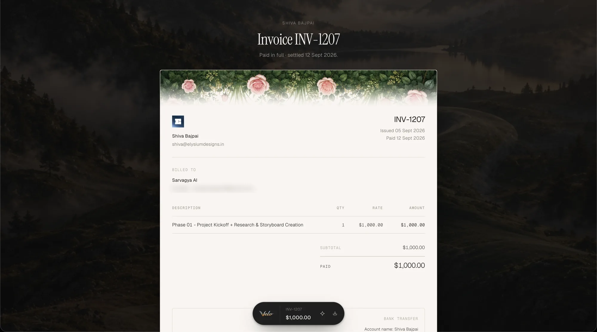 A Velo invoice shared as a live link, paid in full