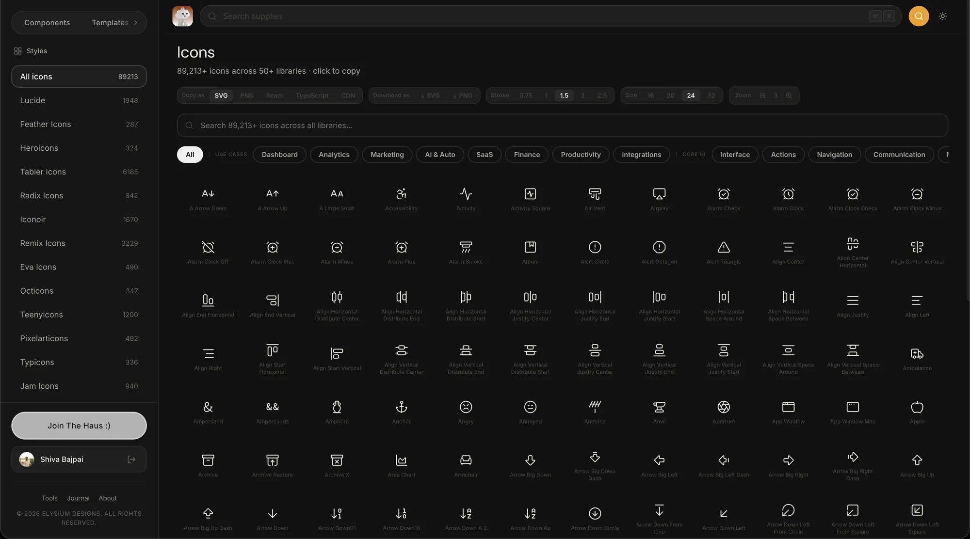 DropHaus icon browser with 89,213 icons across 50+ libraries