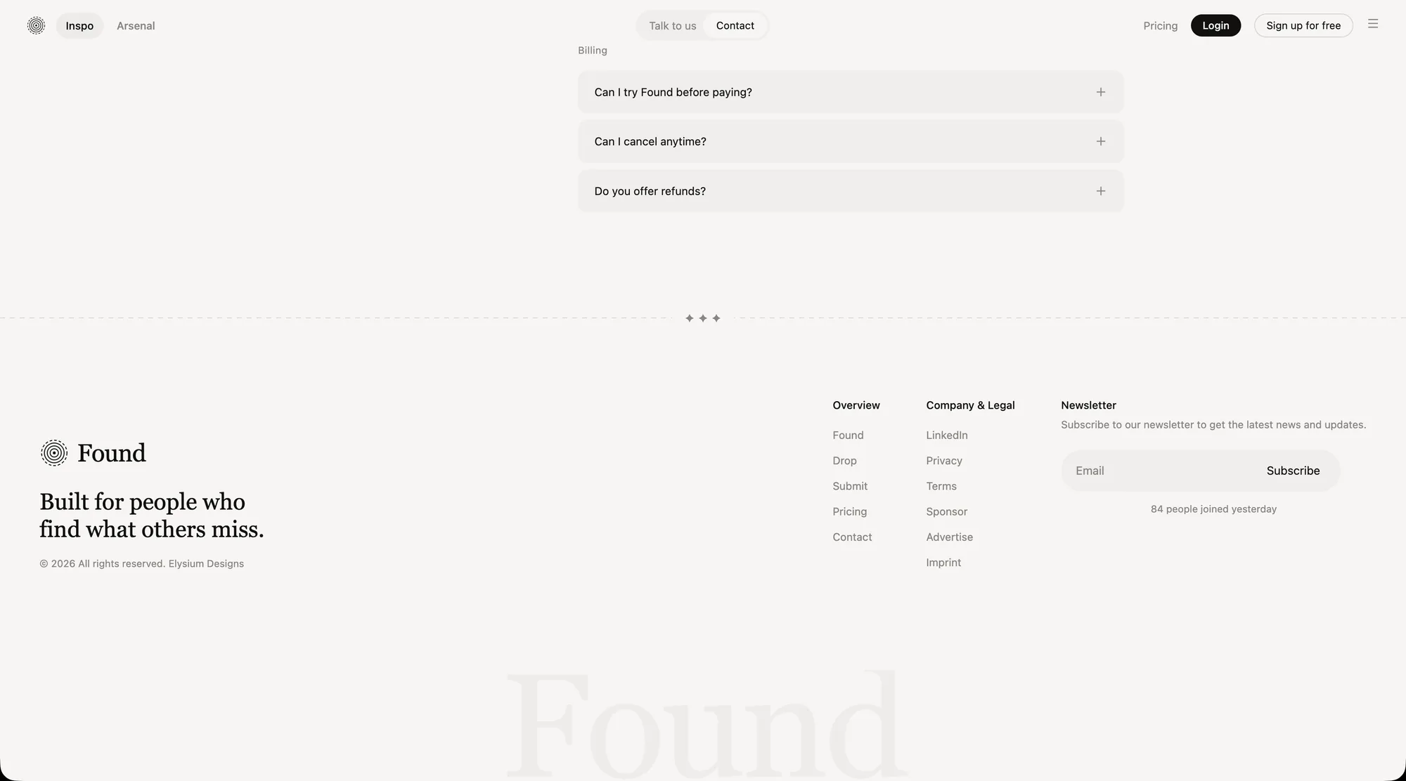 Found FAQ and footer - Built for people who find what others miss
